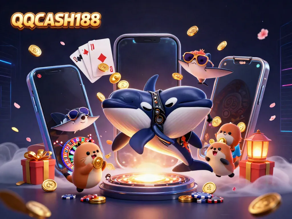 Experience the vibrant gaming world of QQCASH188 with a lively underwater scene of characters and casino elements.