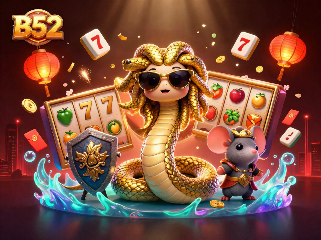 B52 captivates players with a lively scene of Medusa and a warrior amidst spinning slot reels.