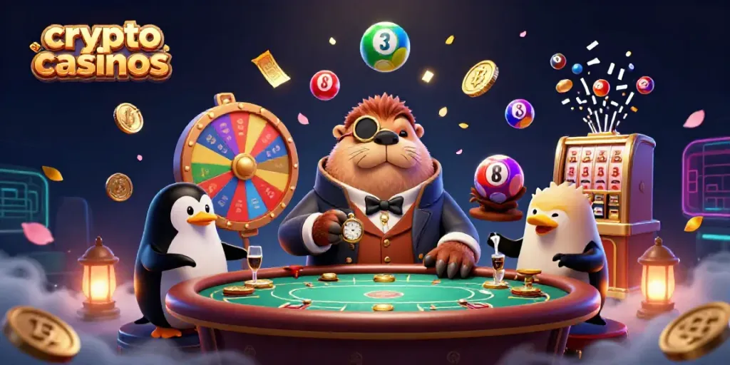 Join the fun at crypto casinos with a jolly walrus dealer, penguin, and pufferfish in a colorful scene.