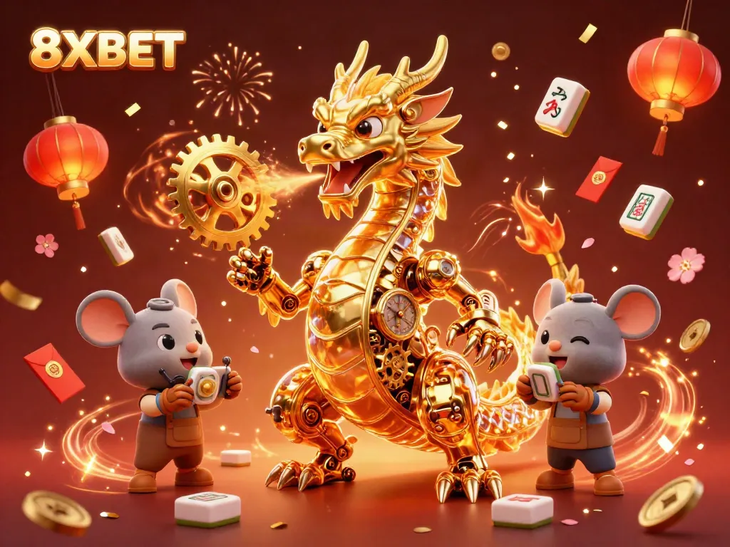 Experience the excitement of 8XBET with a dynamic scene featuring a golden dragon and festive elements.