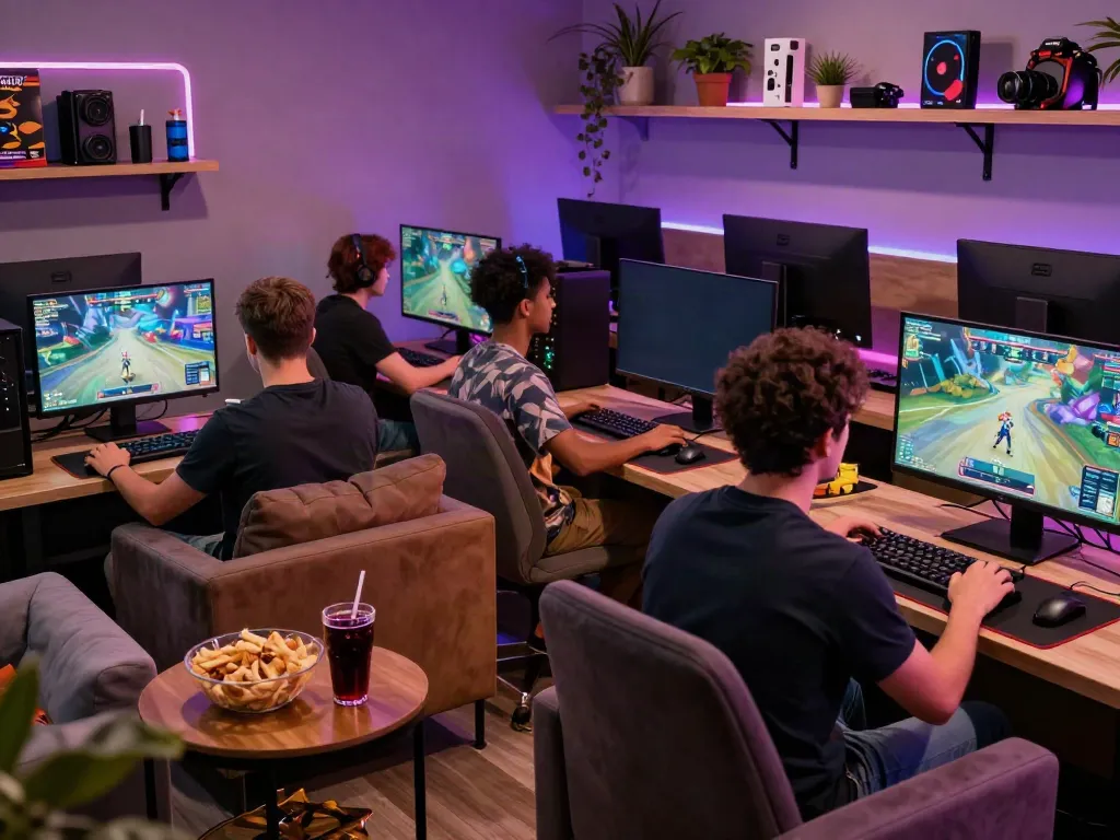 Men engaging in an interactive gaming experience at Manclub, vibrant ambiance and camaraderie.