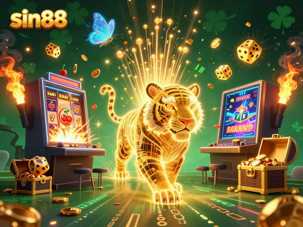 Experience the vibrant excitement of sin88 featuring a golden tiger in a dazzling digital casino landscape.
