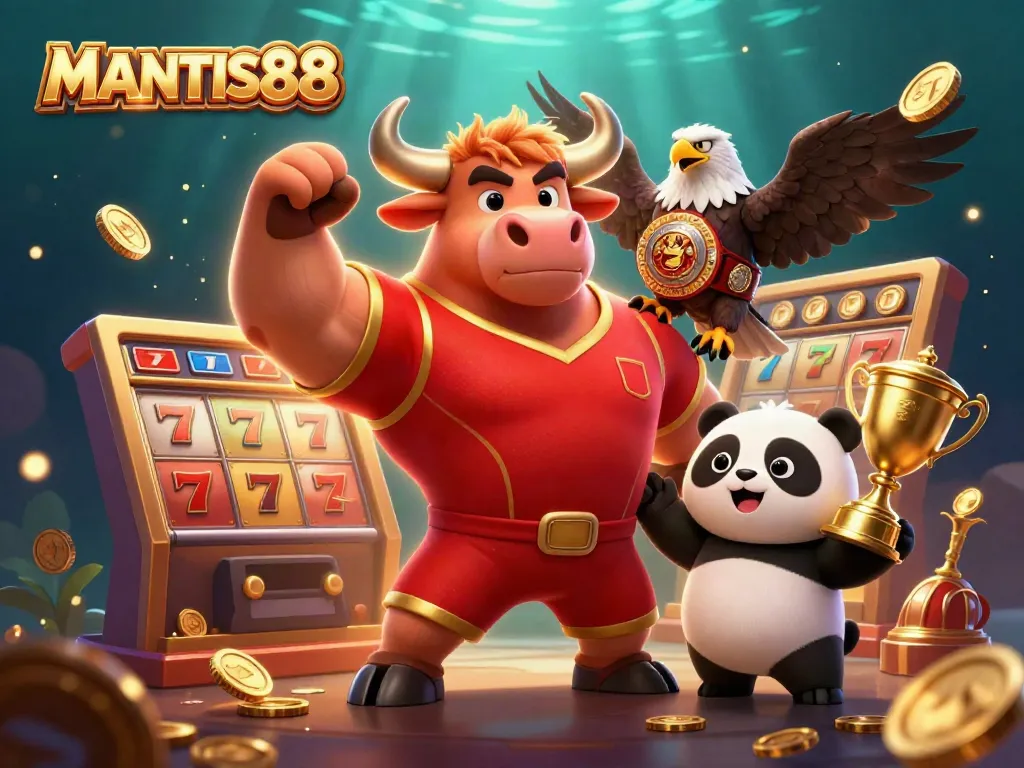 Engage with thrilling casino adventures at MANTIS88 featuring a bull mascot, eagle, and panda!