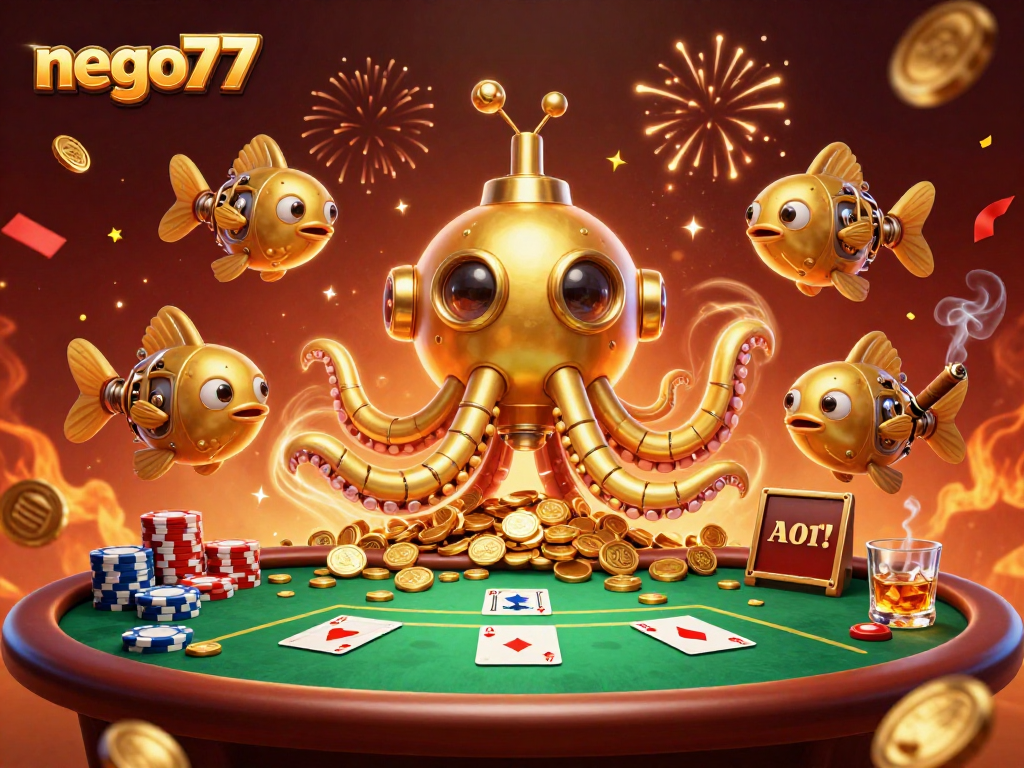 Engage with nego77's exciting gaming, featuring a dramatic scene with a kraken submarine and poker elements.