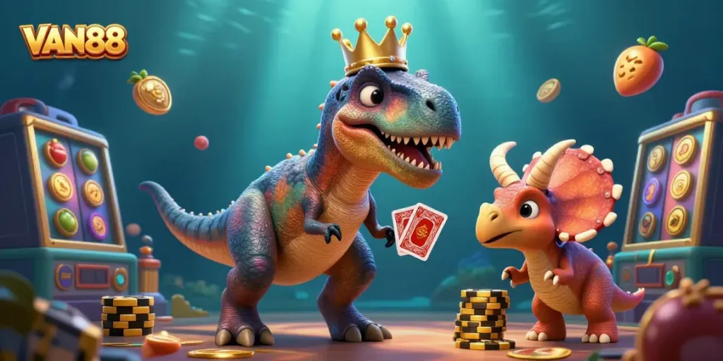 Engaging scene showing VAN88 with T-Rex and helpers enjoying popular slot games in a whimsical underwater casino setting.