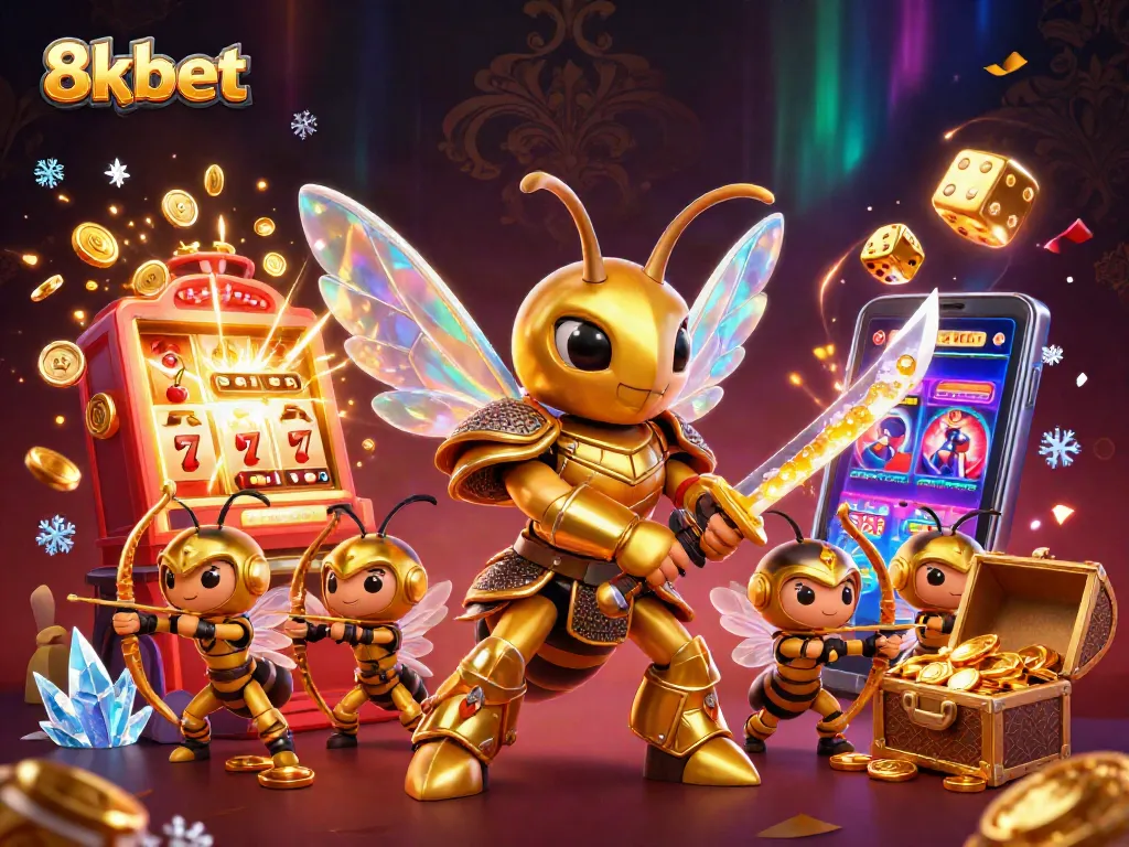 Experience thrilling wins and excitement with 8xbet in a lively casino atmosphere featuring slot machines and golden elements.