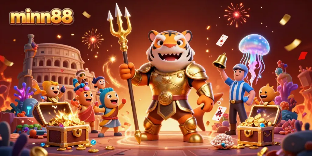 Win big with minn88 in an electrifying underwater casino scene featuring animated characters and vibrant treasures.