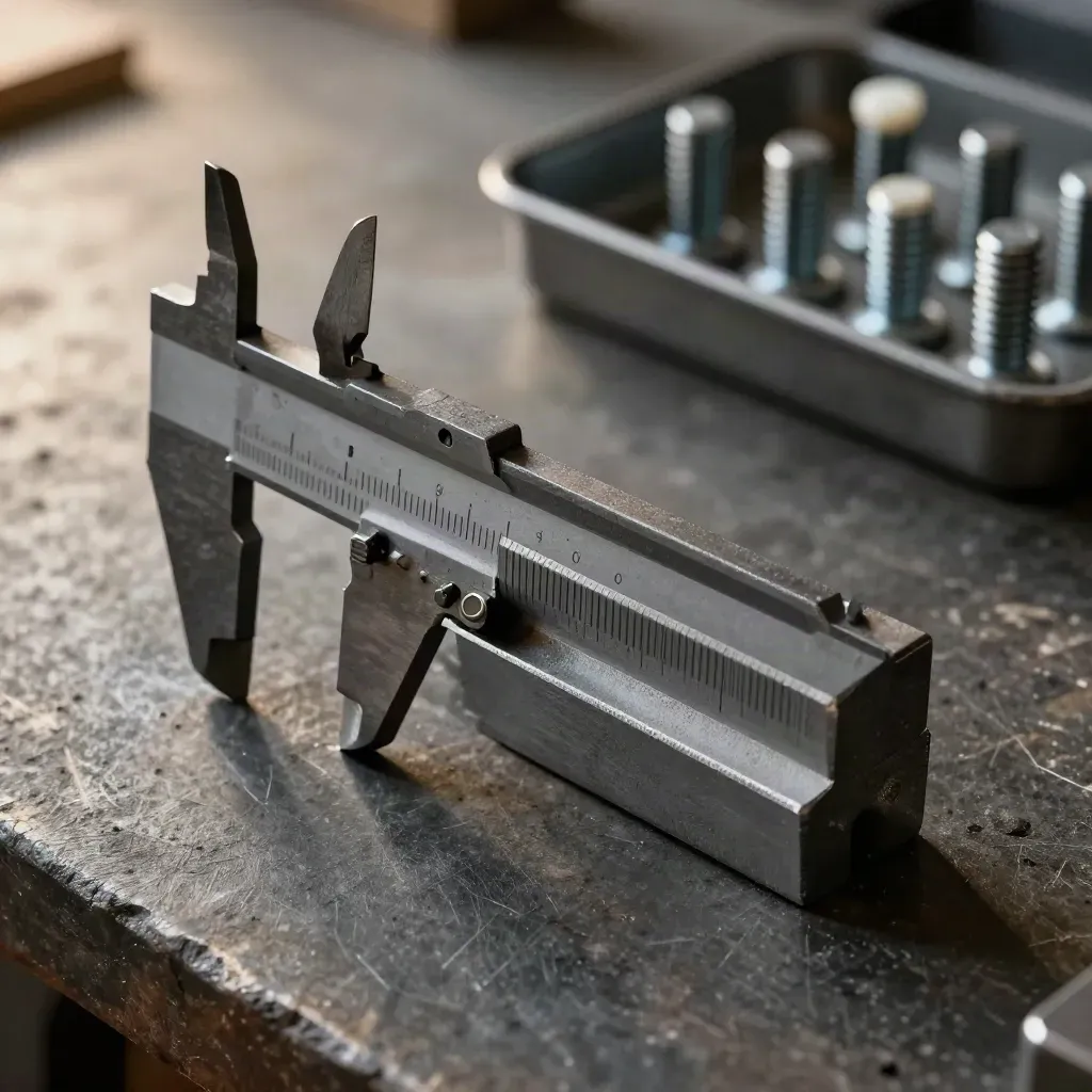 Macro still life of a forged steel gauge block, caliper jaw, and fastener tray on dark stone.