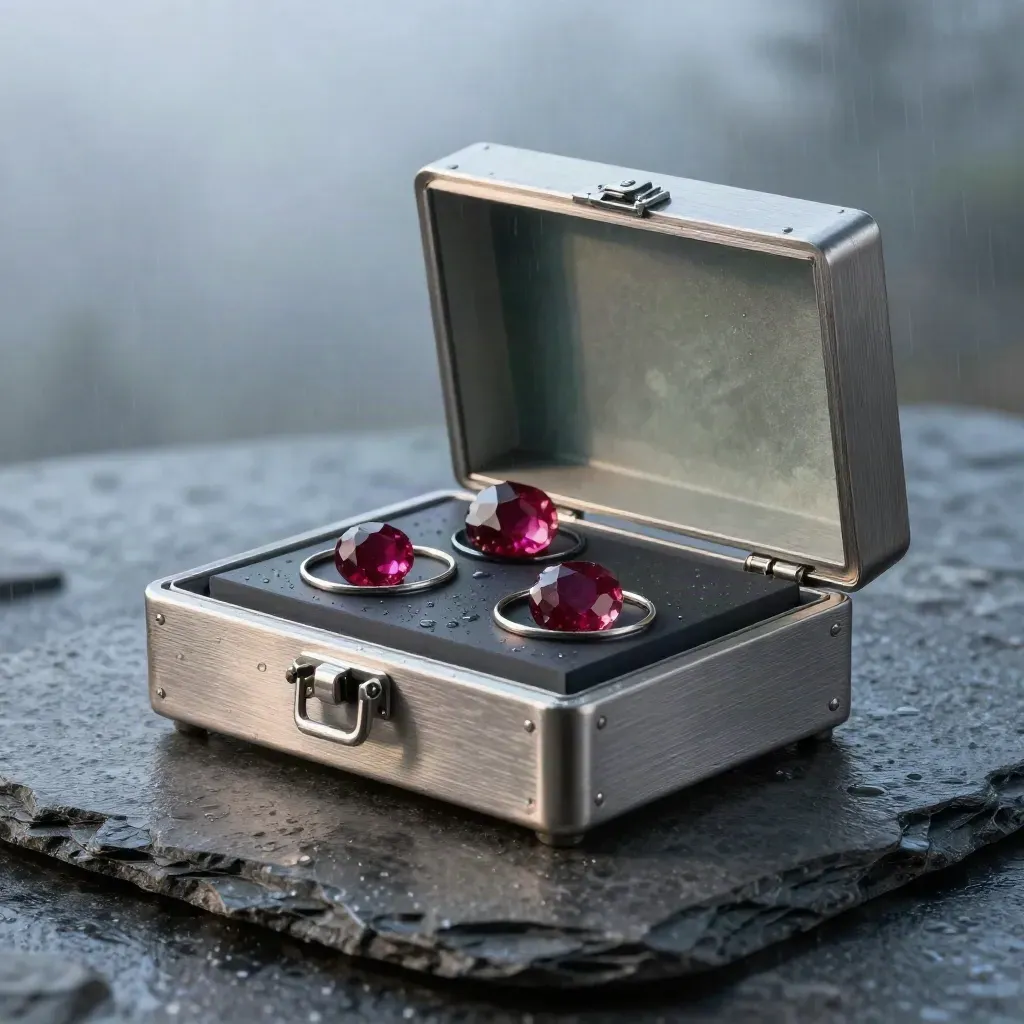 Brushed-steel gem case with ruby crystals and metal rings on dark stone, blue-hour studio light.