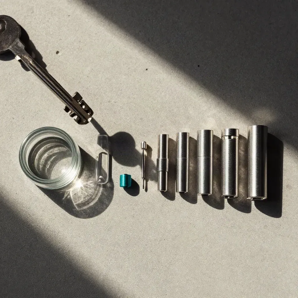 Top-down lab still life with glass vials, aluminum tubes, microcaps, and a teal accent on concrete.