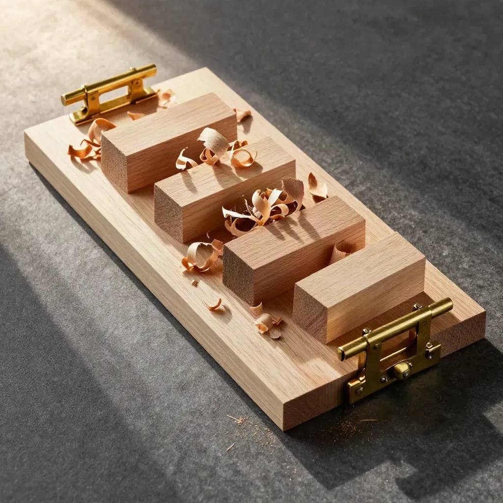 Overhead joinery still life with maple blocks, brass clamps, and cedar shavings on stone.