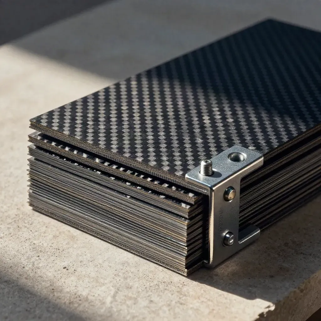 Carbon-fiber sheet, titanium rivets and a milled bracket on pale stone with drifting powder.