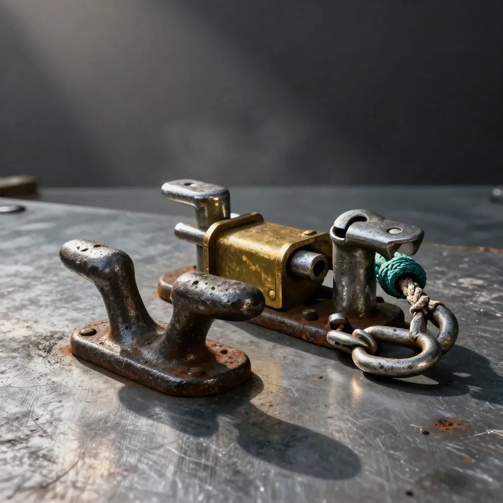 Dock hardware cluster with brass seal, steel latch, and weathered cleat on brushed metal.
