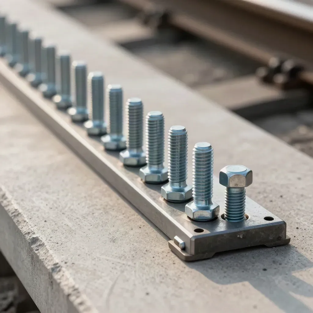 Rail spike plate, bolts, and gauge block in a precise macro maintenance row on cool concrete.