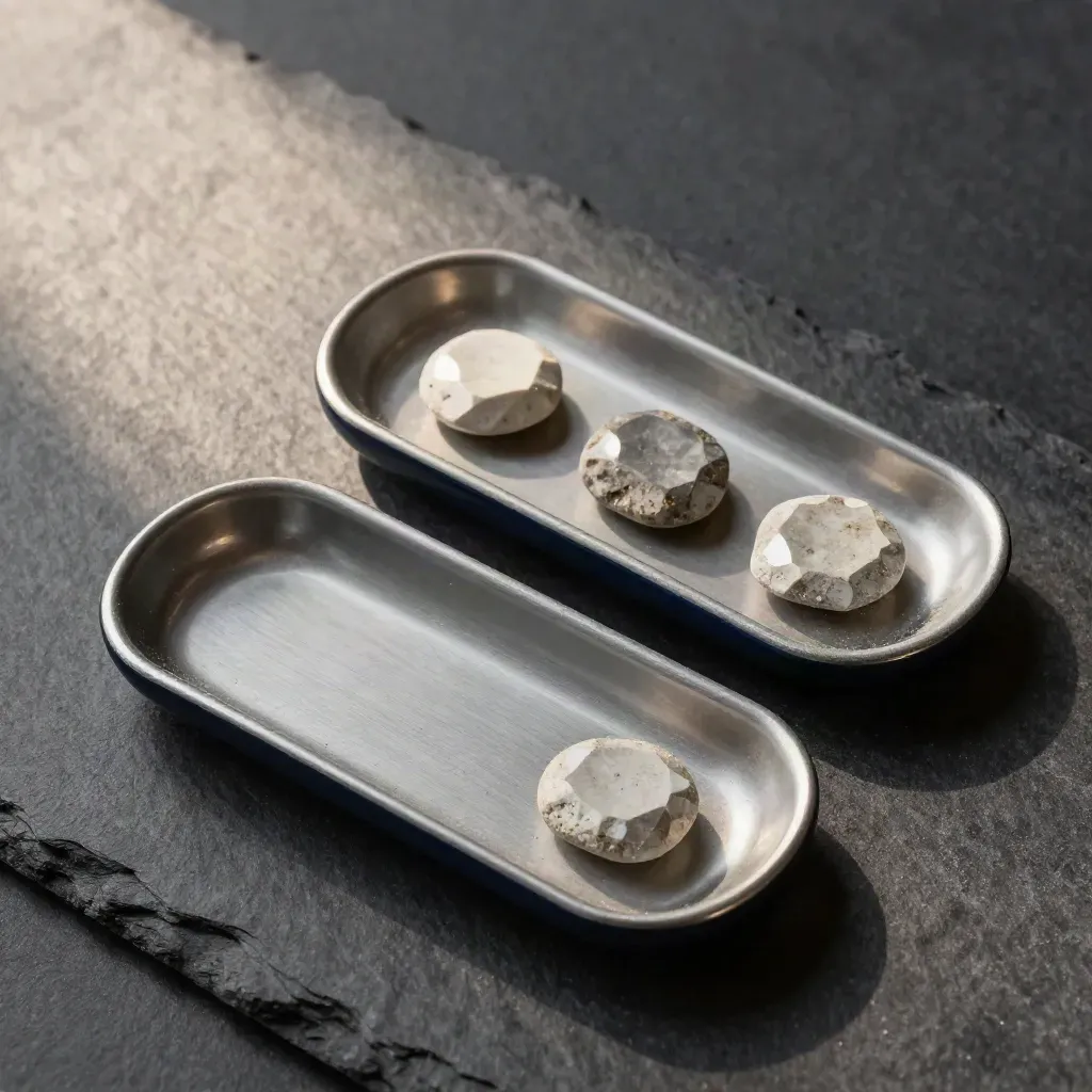 Ruby sorting trays with three faceted stones and a navy divider on graphite stone.