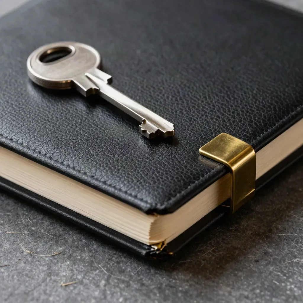 Black field notebook with brass clip and tabs on graphite stone, dramatic studio light