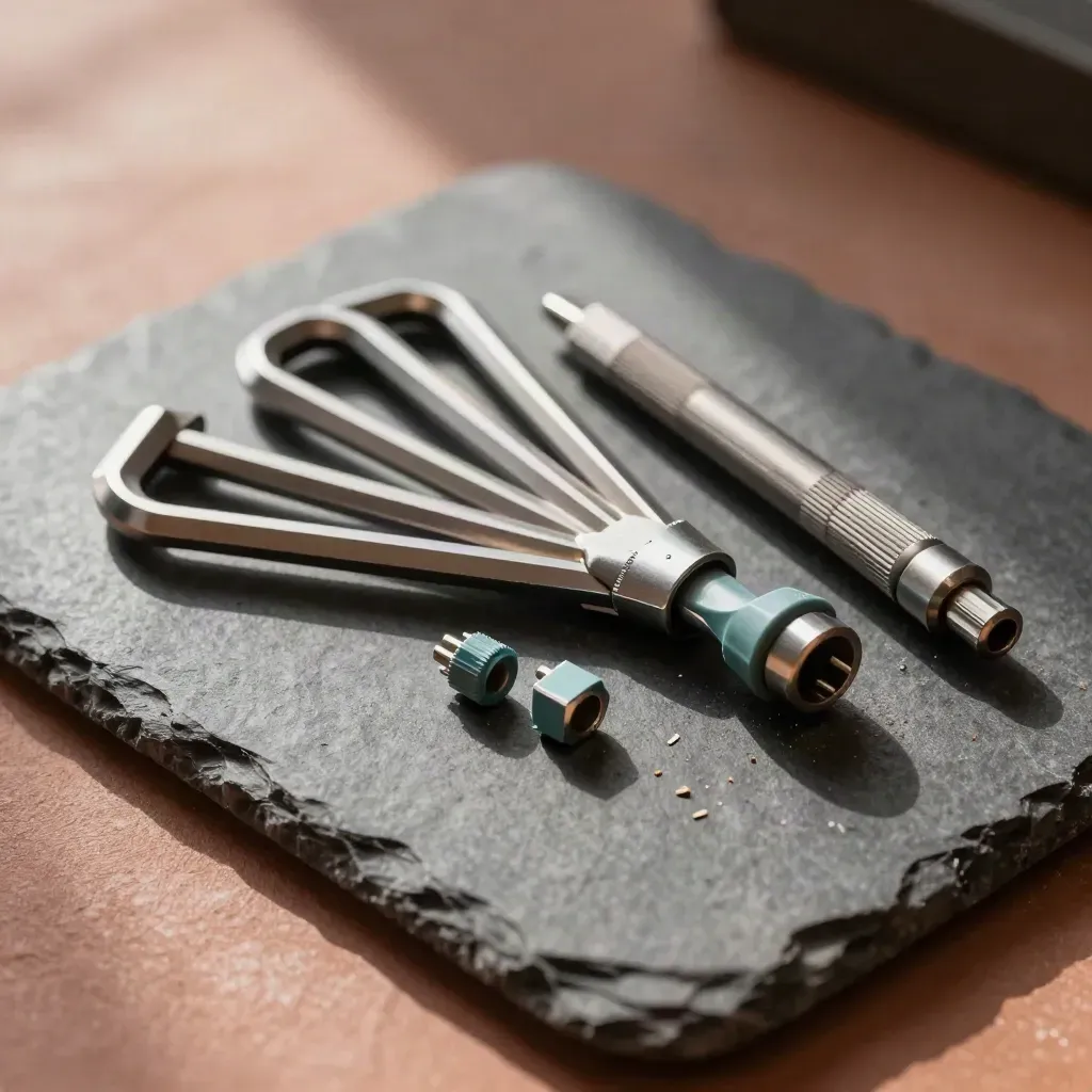 Top-down install kit of hex keys, adapter plugs and precision driver set on graphite stone.