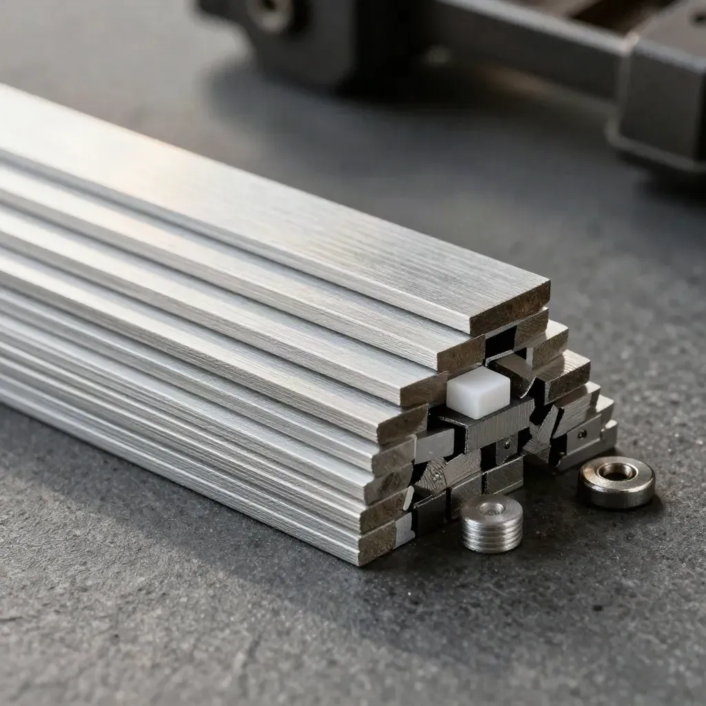 Macro of stacked aluminum shims and spacer plates with a white spacer on dark stone.