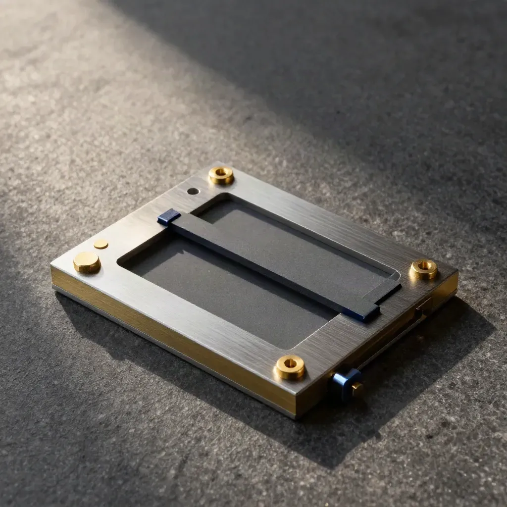 Overhead macro of a die-cut stencil plate, brass spacers, and alignment block on graphite stone