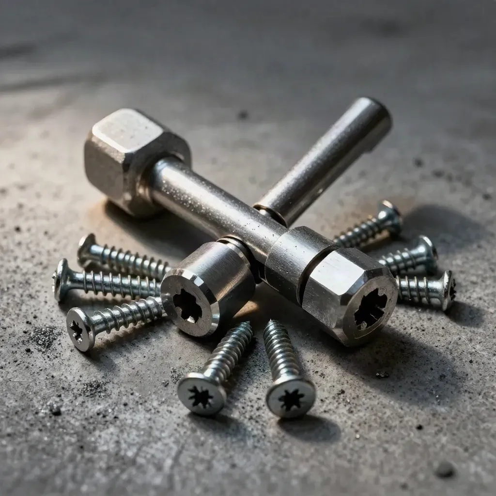 Exploded hex driver kit with screws and coupling on concrete.