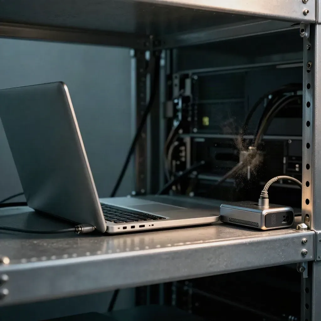 Closed laptop, braided ethernet cable, and dock on a server shelf in dramatic side light.