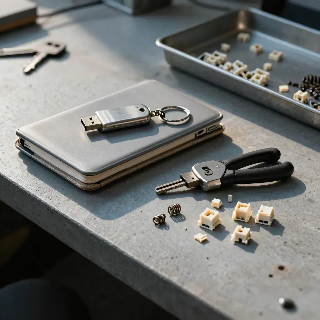 Closed notebook, USB security key, keycap puller and switch parts on a dim concrete bench