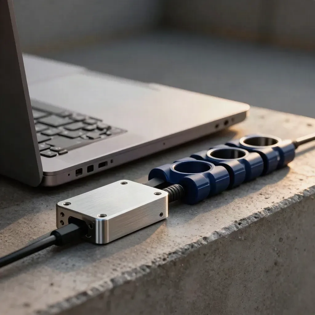 Closed laptop, metal dock block, and release markers in a moody macro still life.