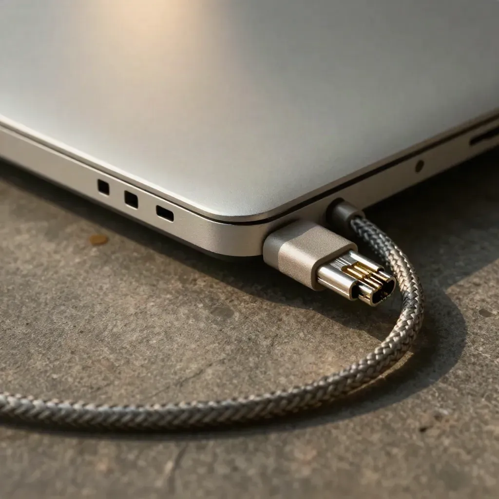 Closed silver laptop corner with security keys and a braided network cable on dark stone.