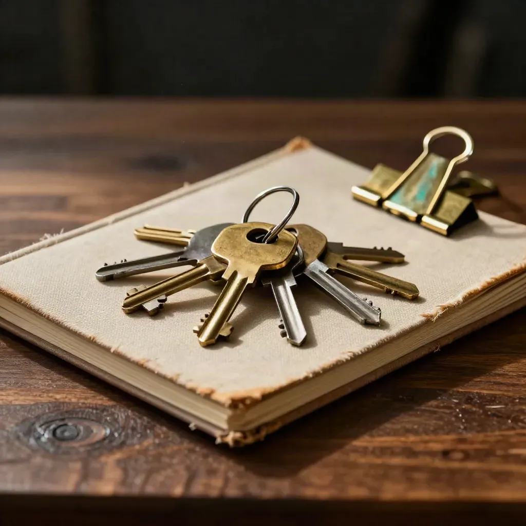 Brass release keys, closed notebook and teal-accented clip on walnut in dramatic studio light.