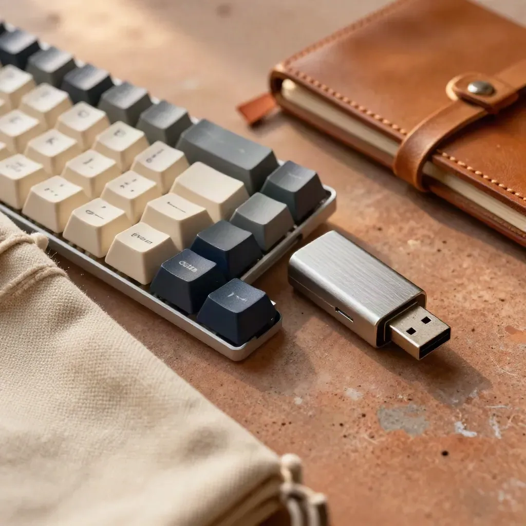 Macro still life of keycaps, USB drive and face-down notebook on terracotta concrete.