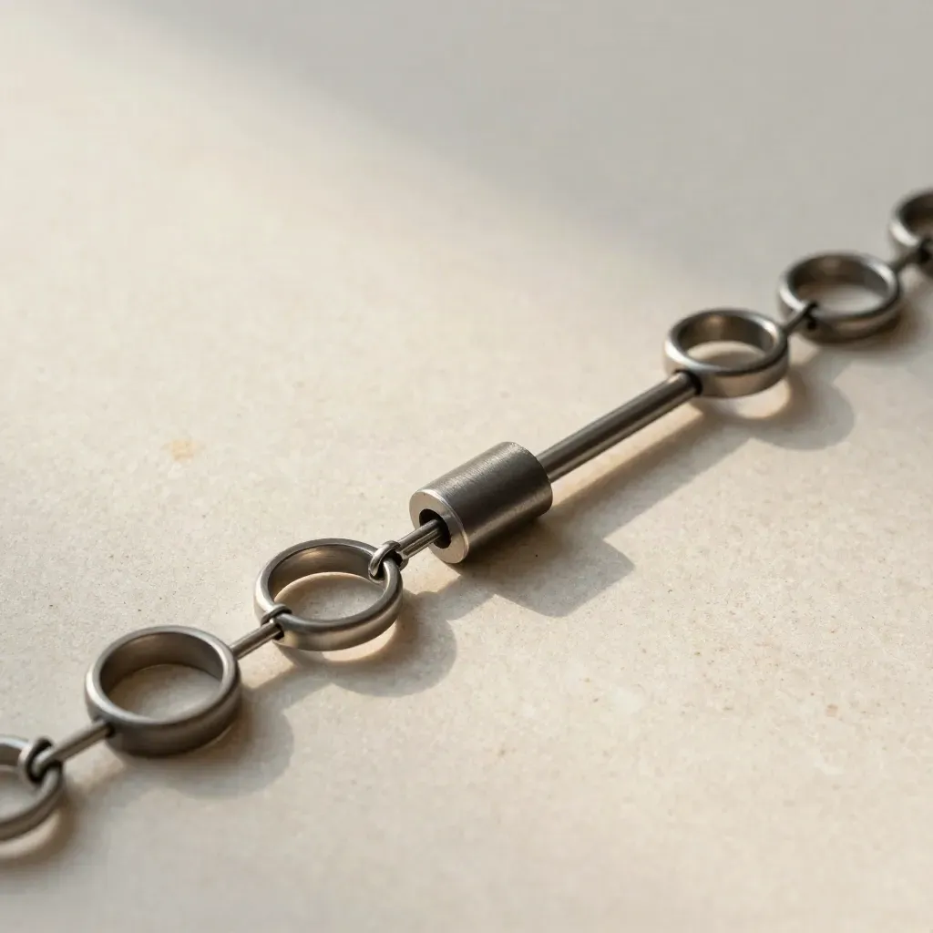 Overhead macro of linked metal rings, spring clips and a connector bar on pale stone.