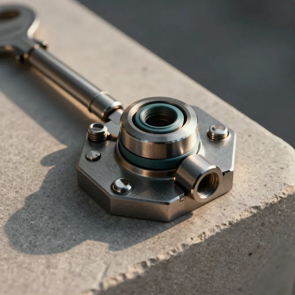 Machined hub, hinge pins, and interlocking plates on limestone under dramatic light