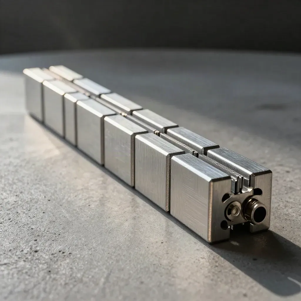 Side-on macro of aligned aluminum blocks and spacer strips on cool concrete.