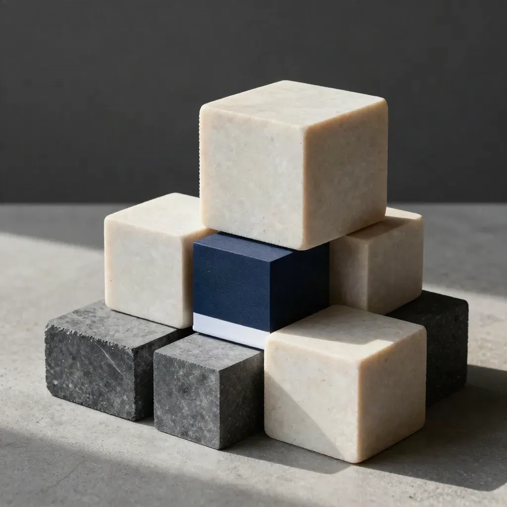 Stone and graphite modular blocks with a navy binder piece on concrete, lit by soft daylight.