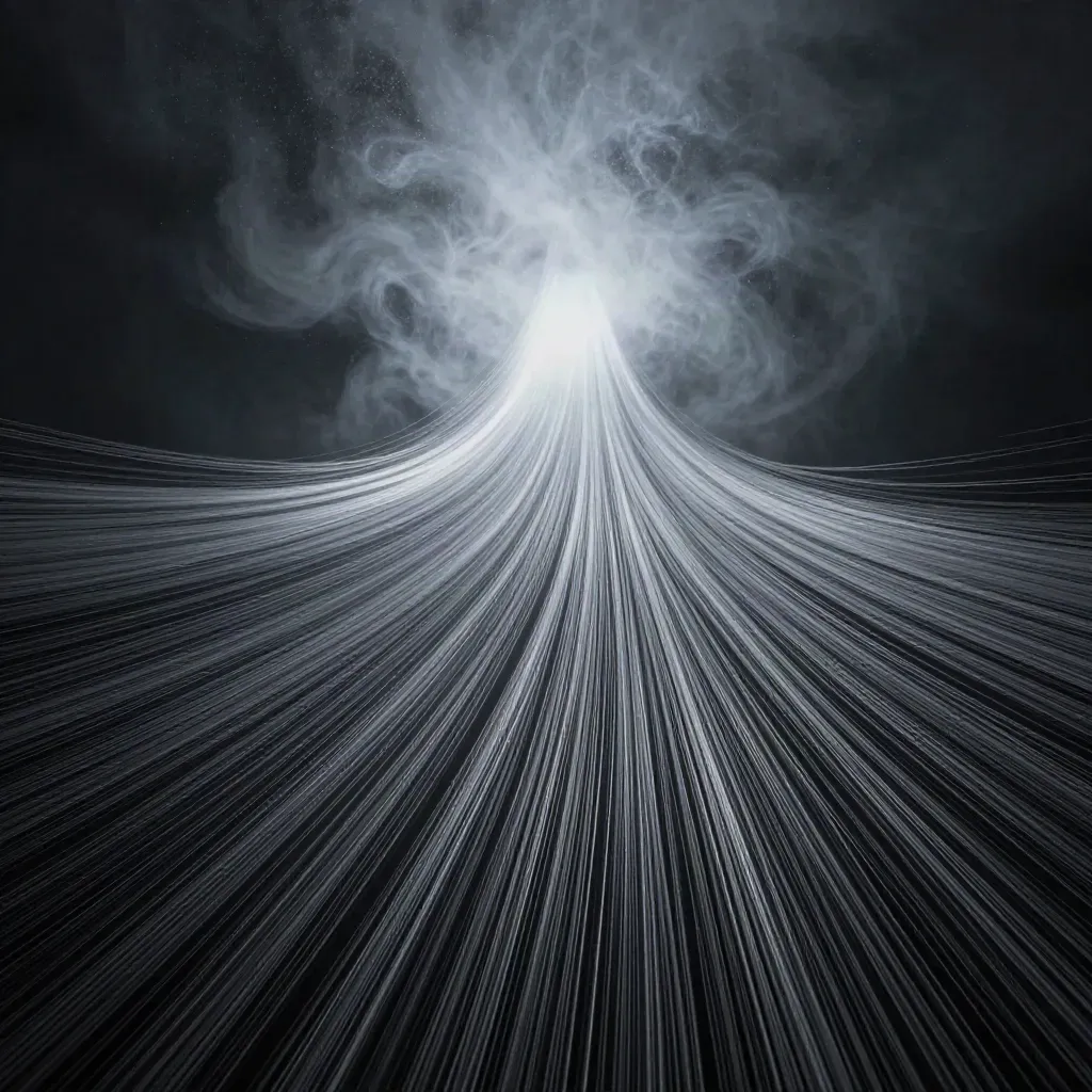 Silver light filaments converge into a soft white bloom in dark graphite haze.
