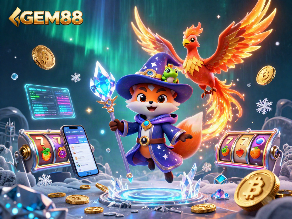 Play thrilling casino games like GEM88 with a magical wizard fox and phoenix in a vibrant 3D scene.