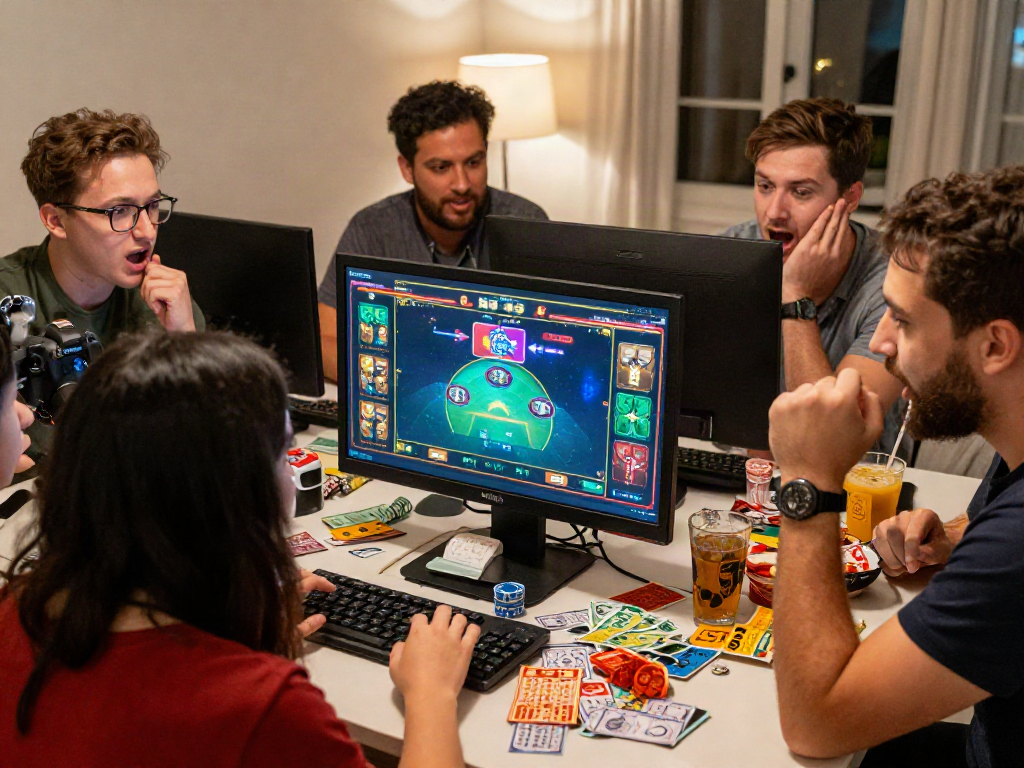 Engaged friends enjoying 먹튀스팟 online betting experience at home, with colorful graphics and excitement.