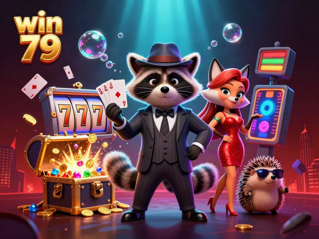 Engage with win 79's thrilling casino atmosphere featuring animated characters and slot machines.