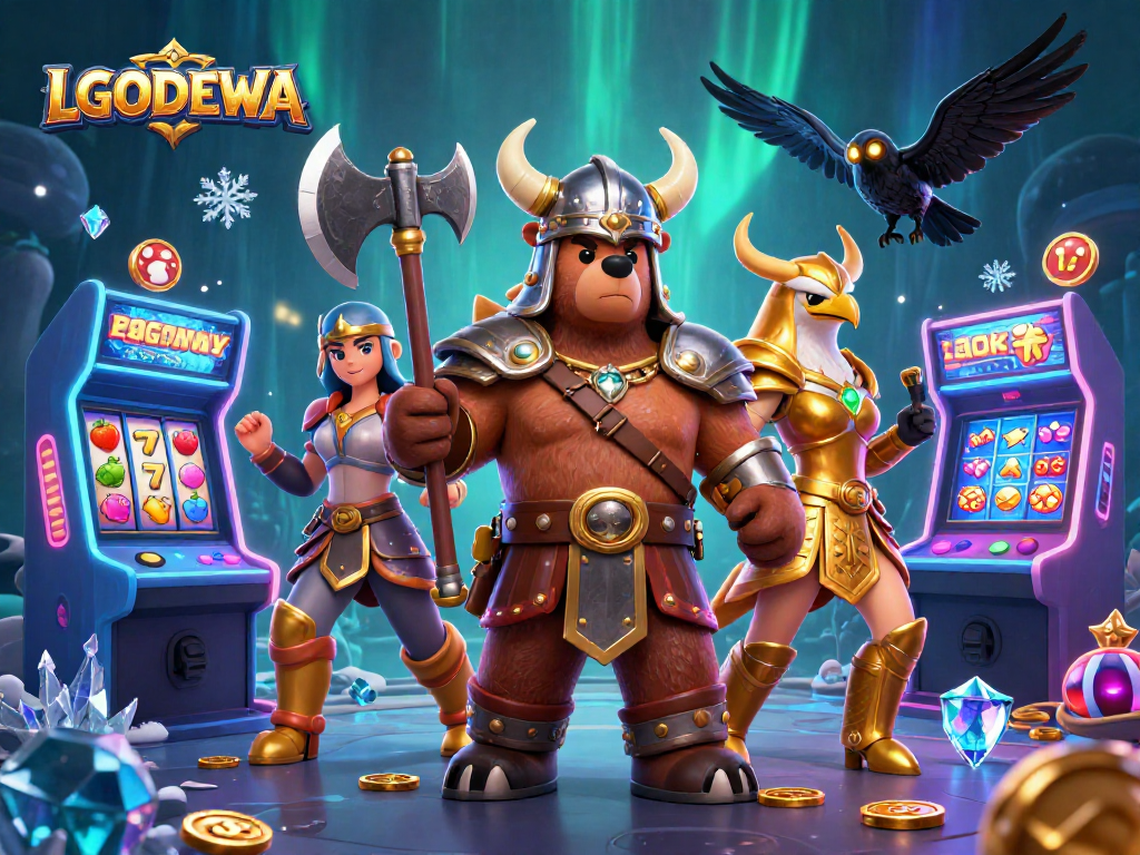 Engage with LGODEWA's vibrant casino action featuring a Viking bear and Valkyrie eagle amidst colorful slot machines.
