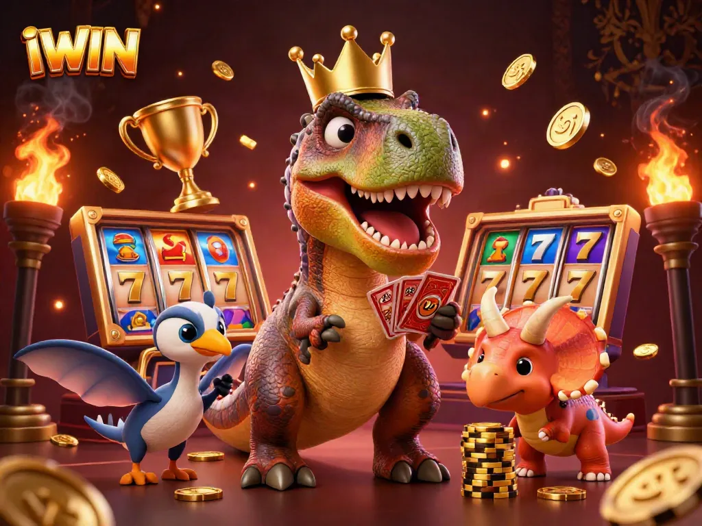 IWIN showcases a dynamic scene featuring a T-Rex shuffling cards with a pterodactyl assistant and a baby triceratops stacking golden chips