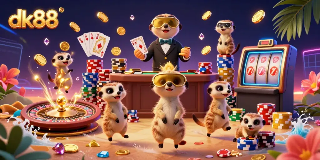 Experience winning moments at dk88 with lively meerkats in a vibrant casino scene.
