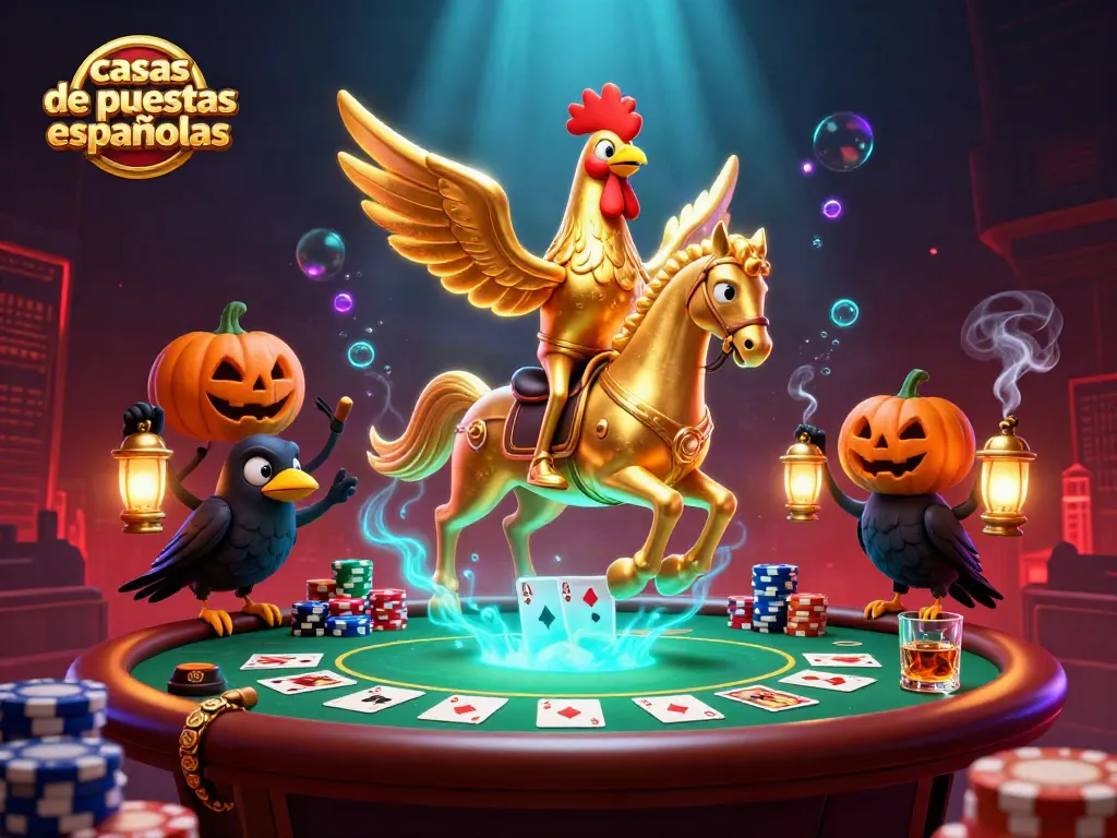 Explora casas de apuestas españolas con un gallo dorado y amigos en un casino vibrante.