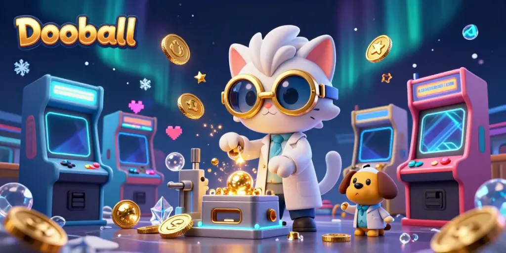 Experience the excitement of Dooball with a dynamic scene of a mad scientist cat and a dog assistant in a colorful casino.