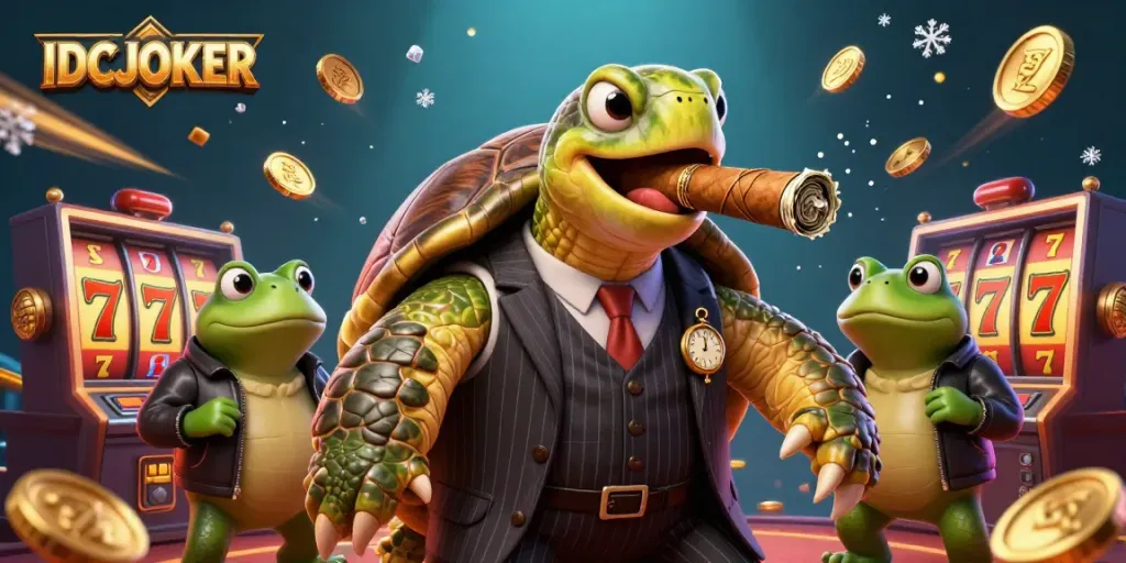IDCJOKER showcases an action-packed casino scene with a snapping turtle and bullfrog enforcers, highlighting thrilling gameplay.