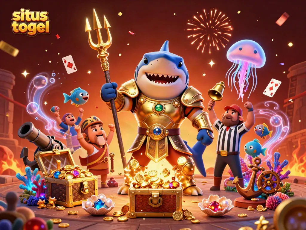 Engage with the underwater spectacle of situs togel as a ferocious tiger shark in gladiator armor wields a trident in a vibrant colosseum.