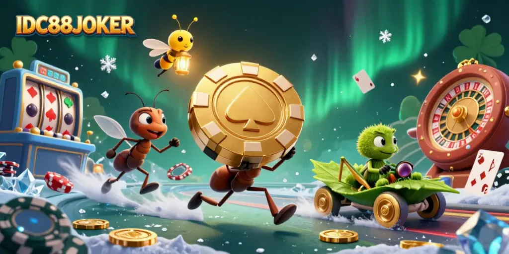 Join the fun with IDC88JOKER as ants carry a giant poker chip in this thrilling casino heist scene.