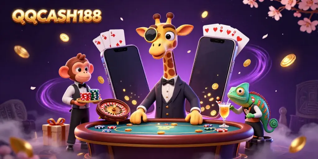 Engage with QQCASH188 at a vibrant casino scene featuring a high-roller giraffe and dynamic gaming elements.