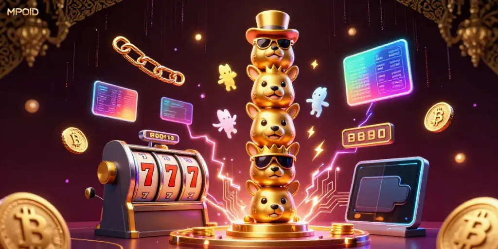 Experience the thrilling world of MPOID with vibrant casino elements and a golden totem pole illustration.