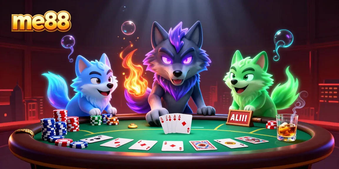 Engage with me88's thrilling casino experience, featuring poker action with spectral wolves.