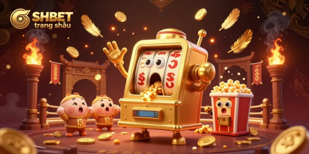 Experience thrills with SHBET trang chủ as the golden slot machine hits the jackpot amidst cheering baby machines and golden coins!
